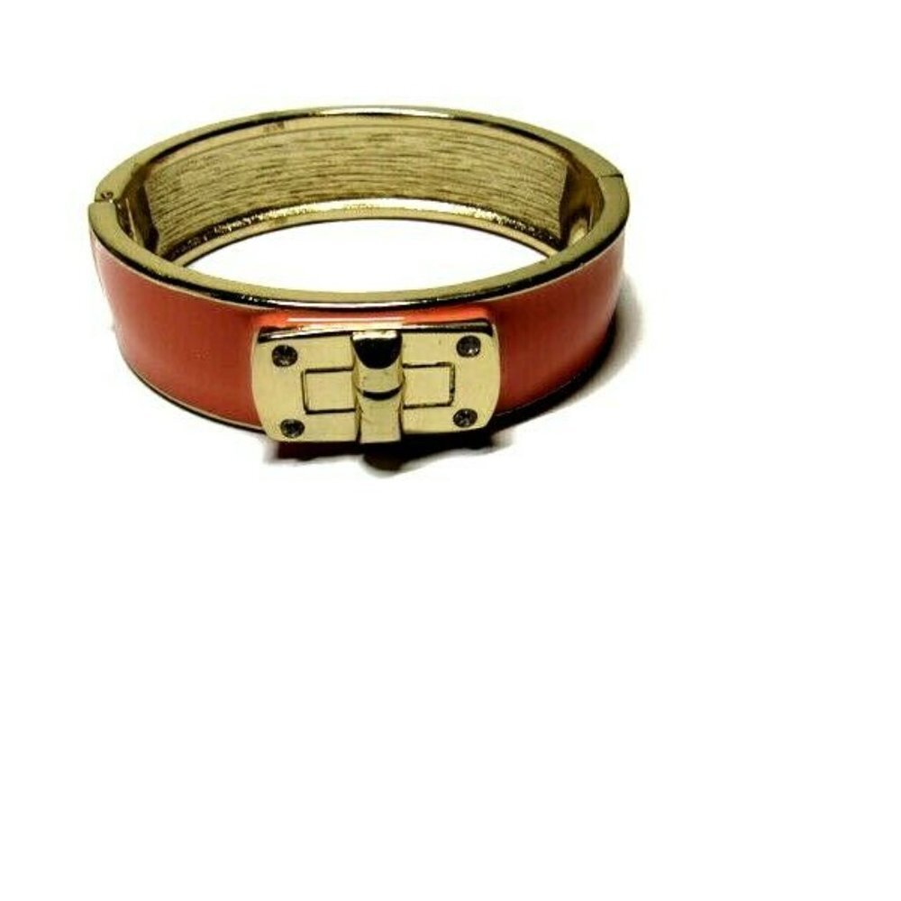 Peach Bangle Clamp Bracelet Faux Buckle Gold Tone